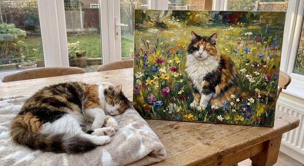 Rachel K. — calico cat with garden canvas portrait